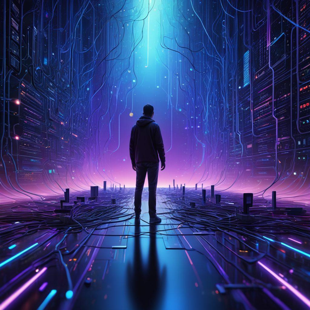 A surreal landscape depicting a giant, intricate network made from glowing lines connecting various devices like routers, computers, and servers. In the foreground, a figure equipped with troubleshooting tools analyzes the network with a magnifying glass, surrounded by floating icons representing essential software tools. The sky is a vibrant gradient from blue to purple, symbolizing data flow. super-realistic. vibrant colors. digital art.